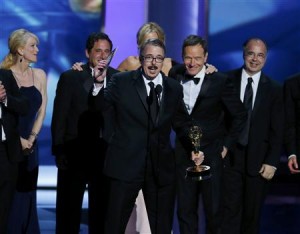 Executive producer Vince Gilligan accepts the award for Outstanding Drama Series for "Breaking Bad" at the 65th Primetime Emmy Awards in Los Angeles